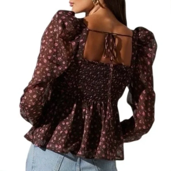 Astr the Label Floral Smocked Top-XL, Puff Sleeve Boho Chic Blouse - Picture 2 of 9